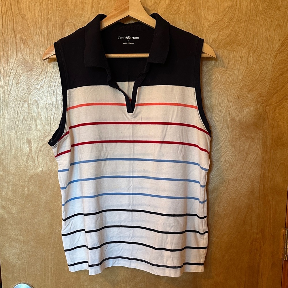 Croft & Barrow Women's Sleeveless Cotton Polo Shirt- White, Navy, Rainbow Stripe